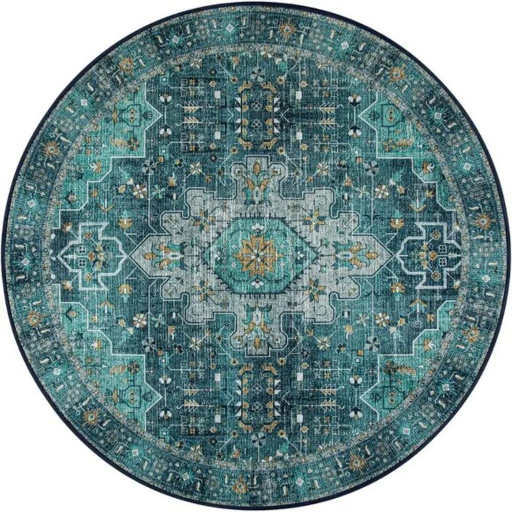 Ultra-Thin 4ft Round Rug, Washable Teal Oriental Carpet for Home & Room Decor